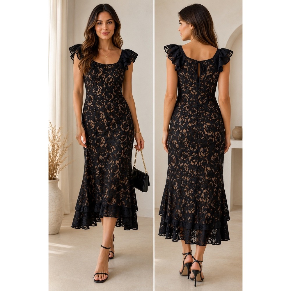RIHOAS Black Floral Lace Midi Dress NWT L Stretch Cocktail Wedding Guest Event